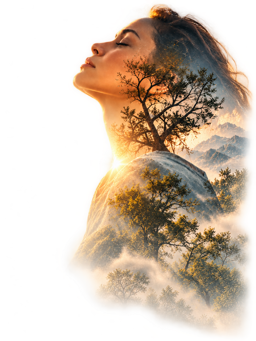 Composición simbólica de una mujer y un árbol, historia personal y familiar